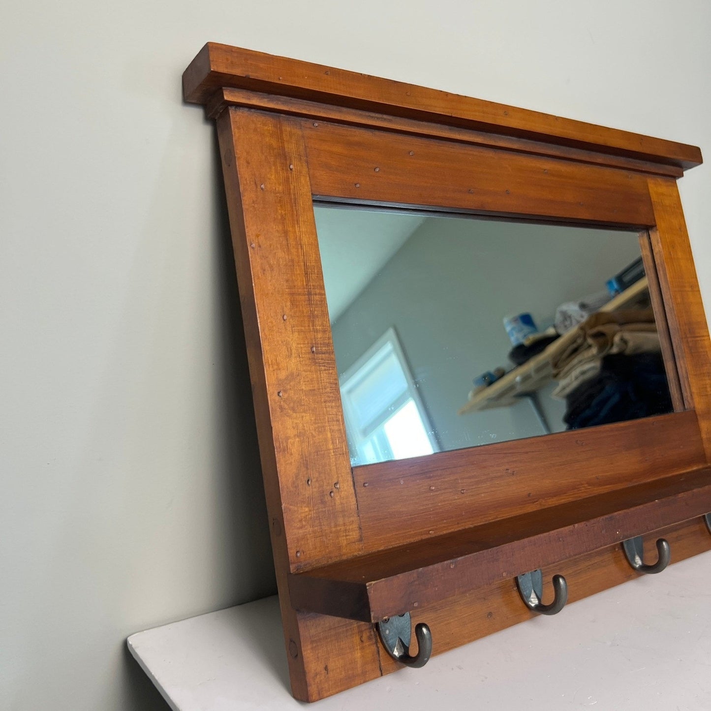 Wood Wall Mirror Entryway Shelf 20x14 Brown Rustic Farmhouse Decor Grandmacore