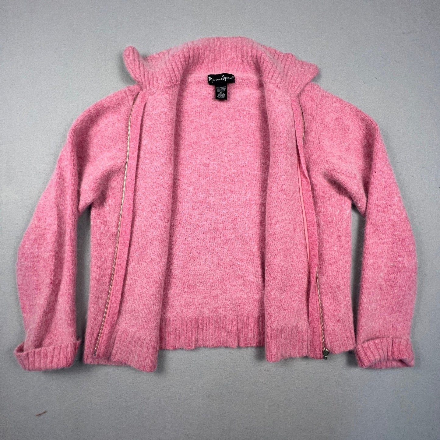 VTG Mercer & Madison Zip Sweater XL Pink Angora Wool Beaded Flower Coquette Y2K