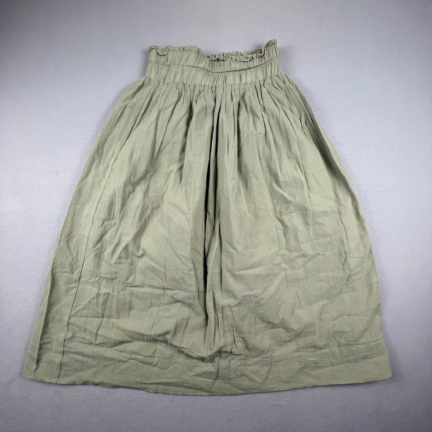 100% Cotton Midi Skirt Womens Small Green Cotton Smocked Paperbag Waist Boho