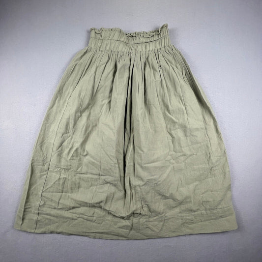 100% Cotton Midi Skirt Womens Small Green Cotton Smocked Paperbag Waist Boho