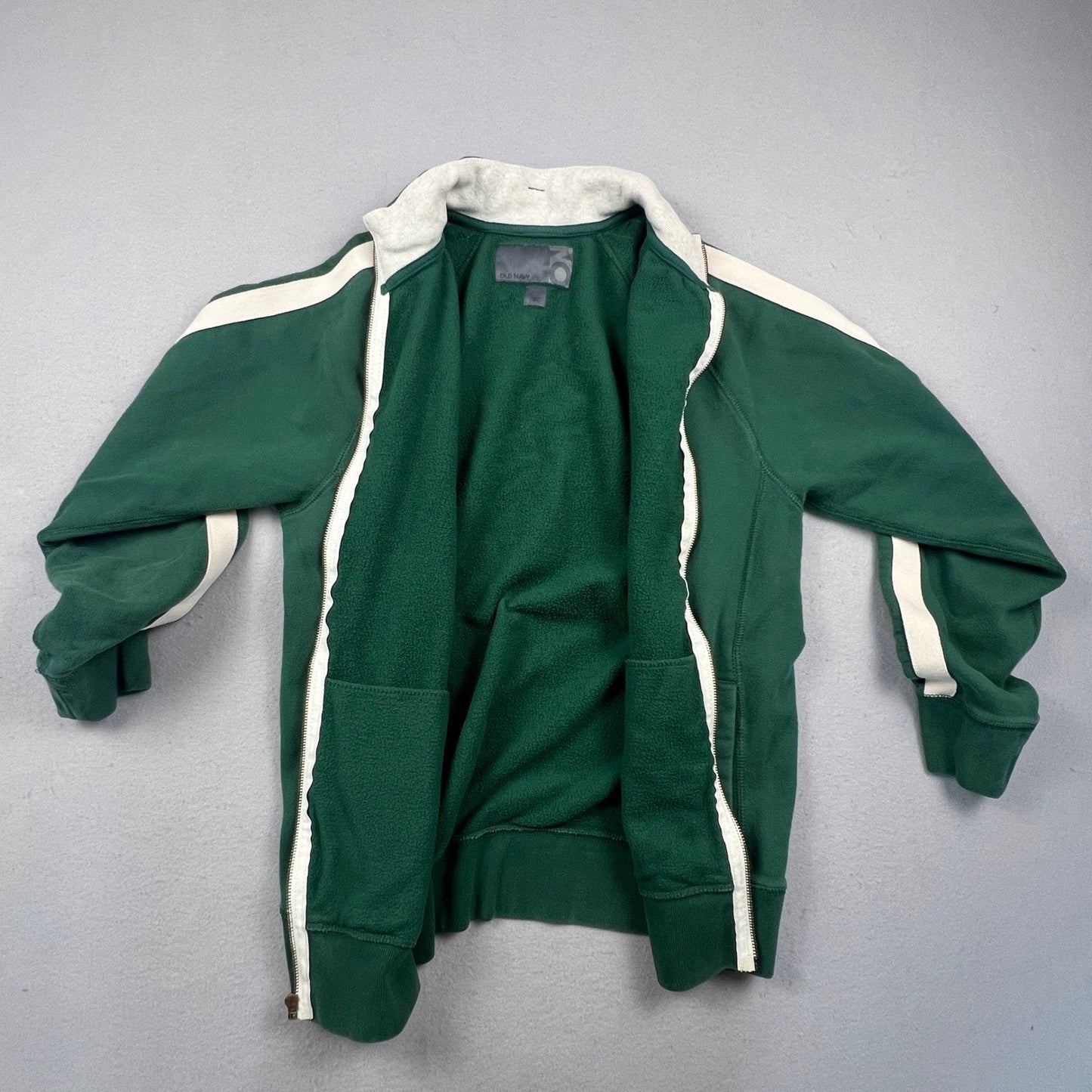 Y2K Old Navy Track Jacket Mens Large Green Striped Full Zip Fleece Retro