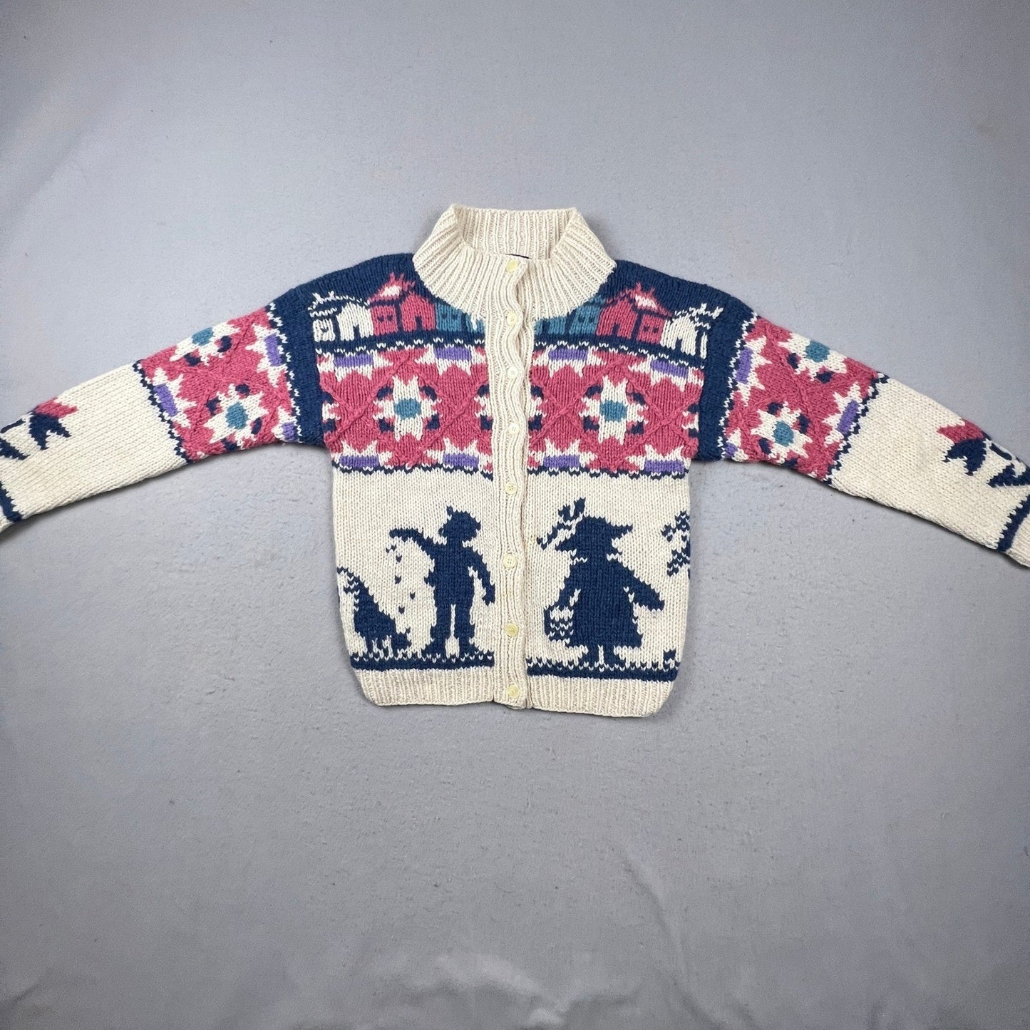 Woolrich Cardigan Sweater Womens M Cream Wool Folk Art Intarsia Vintage 90s Knit