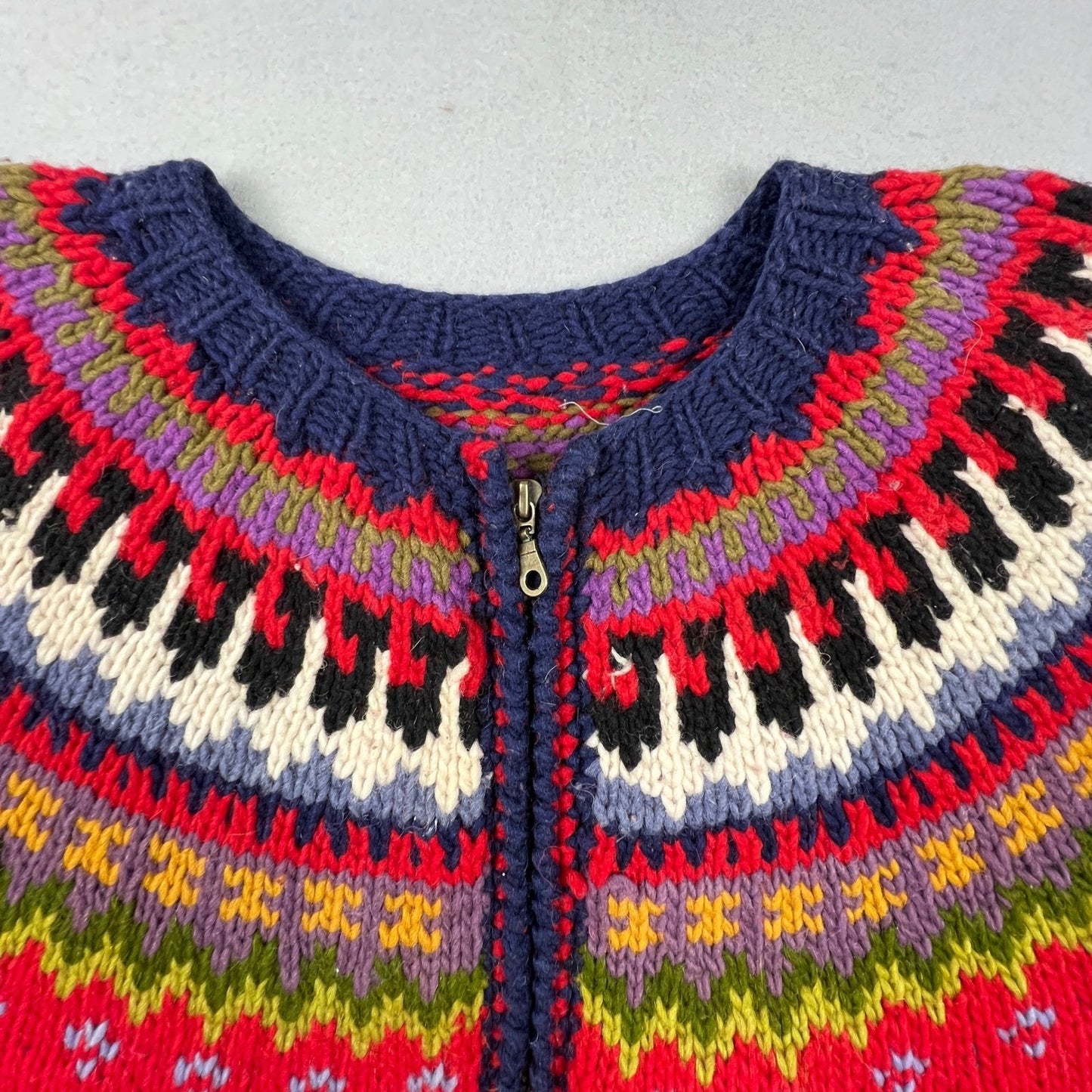 Handmade Fair Isle Zip Cardigan Sweater Mens XL Red Wool Knit Nordic Outdoor