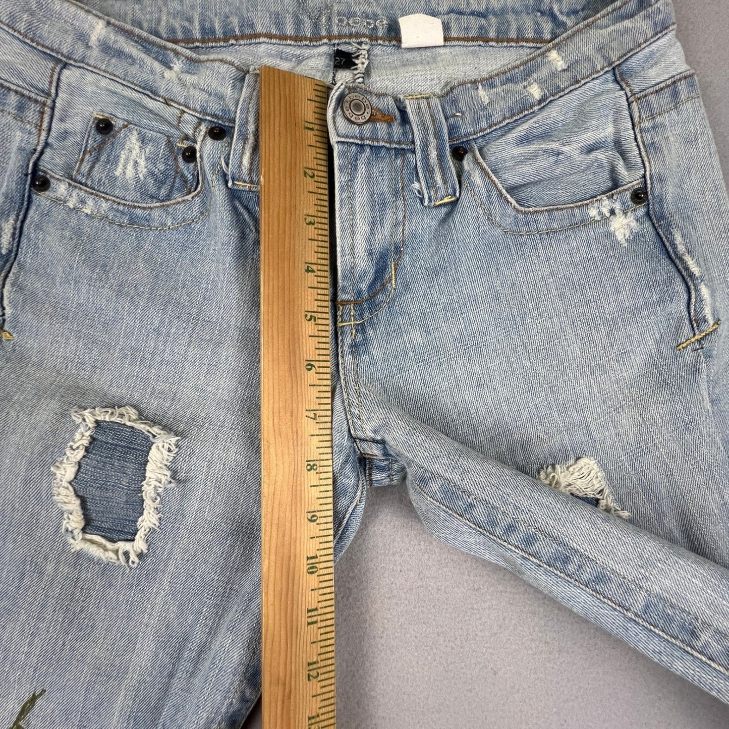 VTG Y2K Bebe Flare Jeans Womens 27 Embroidered Distressed Patchwork Boho
