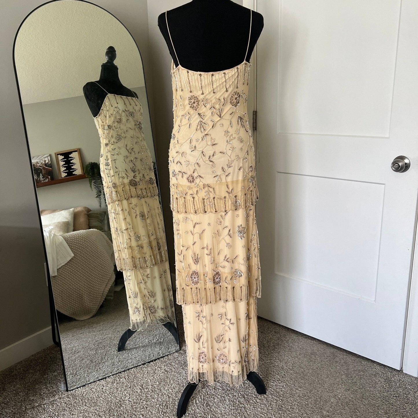 Vintage Style Beaded Dress Small Champagne Sequin Flapper Gown Bridal Wedding