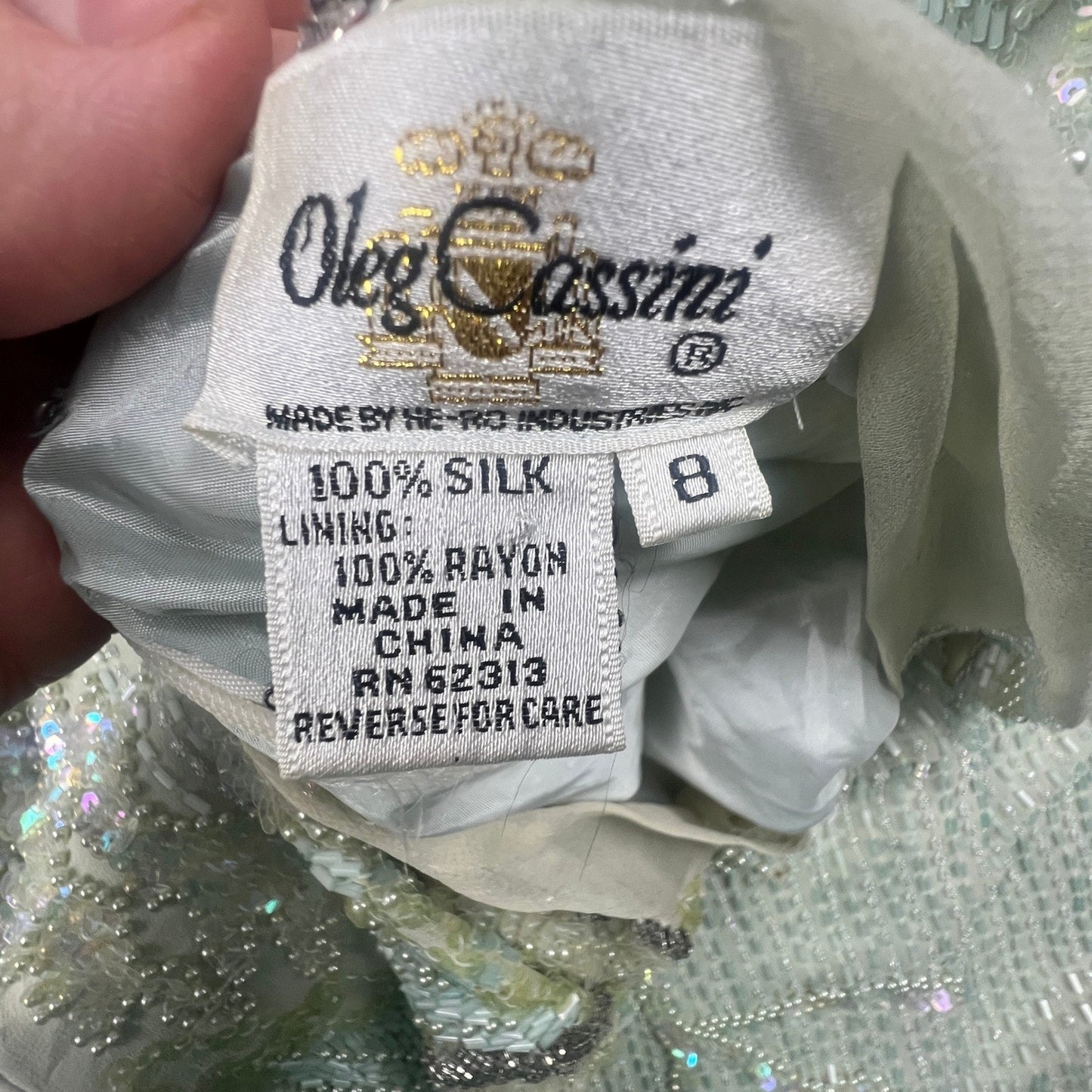 Vintage Oleg Cassini Beaded Silk Dress Women 8 Green Sequin Floral 80s Cocktail