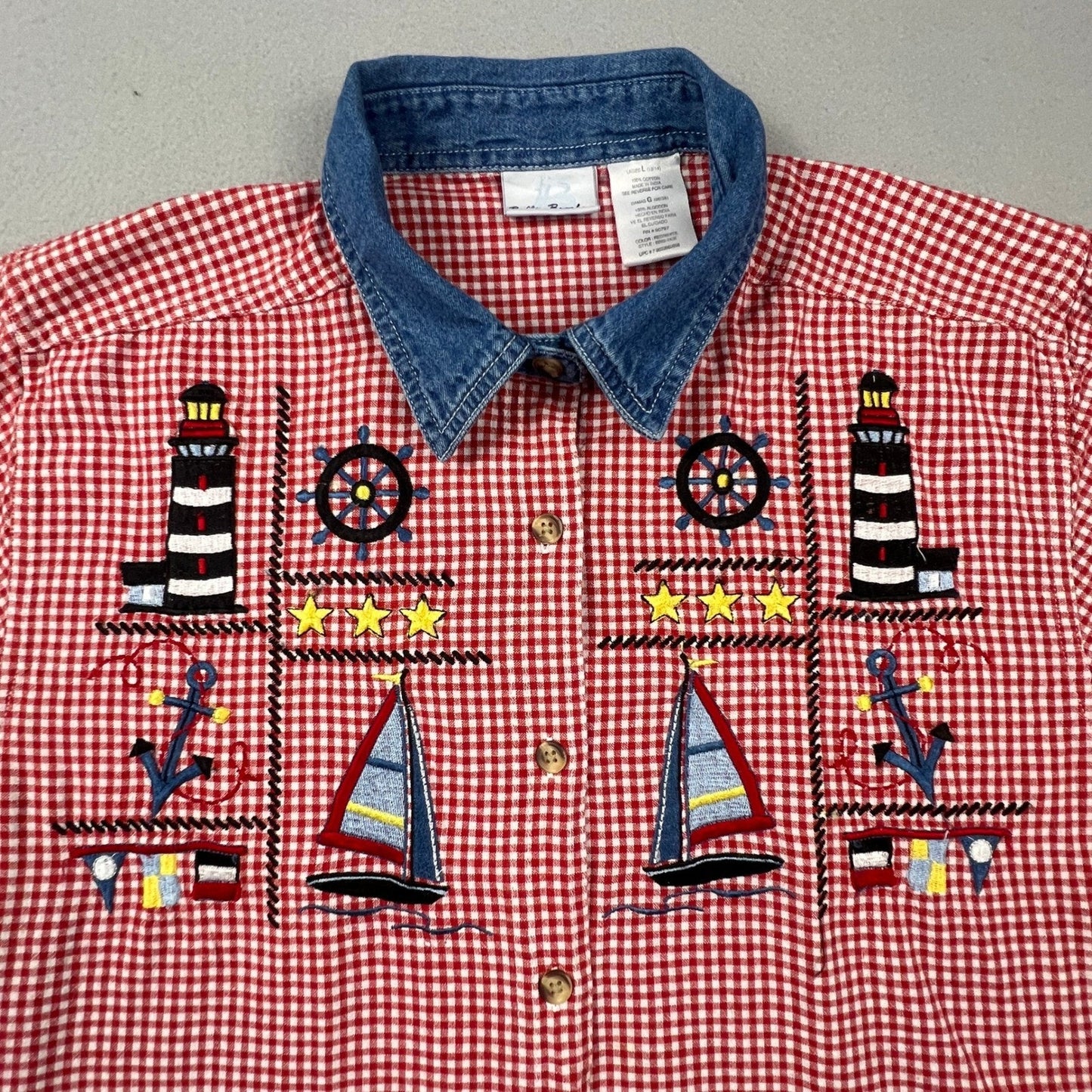 Bobbie Brooks Nautical Embroidery Shirt Women L Red Gingham Denim Coastal Granny