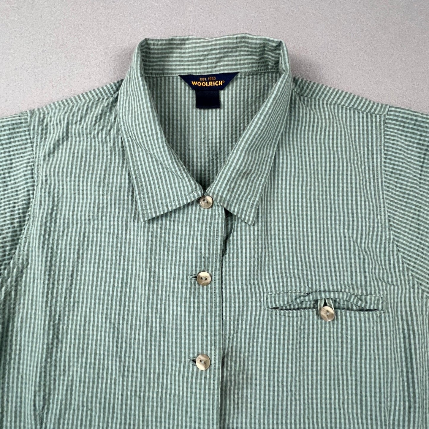 Woolrich Seersucker Shirt Womens XL Green Striped Sleeveless Button Up Outdoor