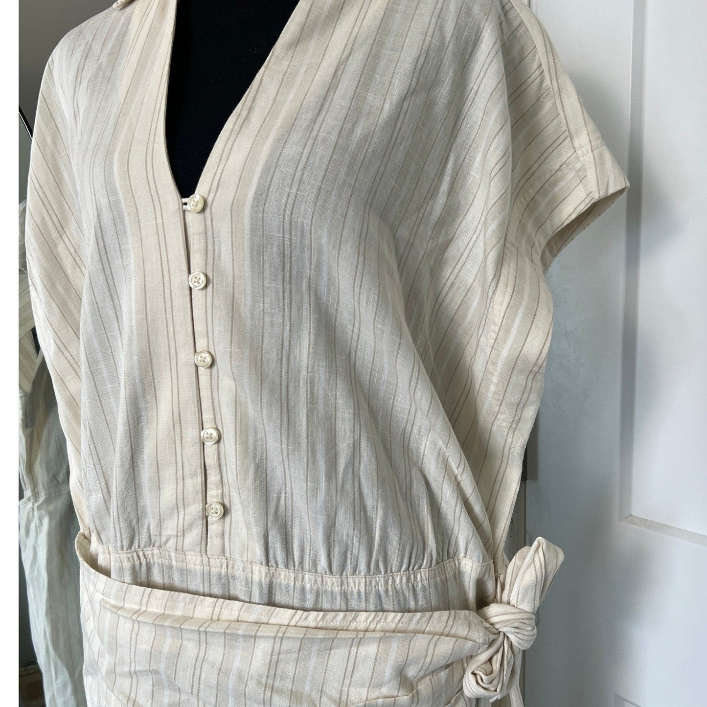 Midi Dress Womens L Cream Pinstripe Wrap Tie Cotton Casual Universal Thread