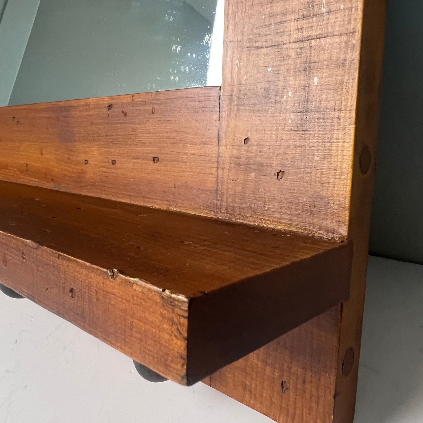 Wood Wall Mirror Entryway Shelf 20x14 Brown Rustic Farmhouse Decor Grandmacore