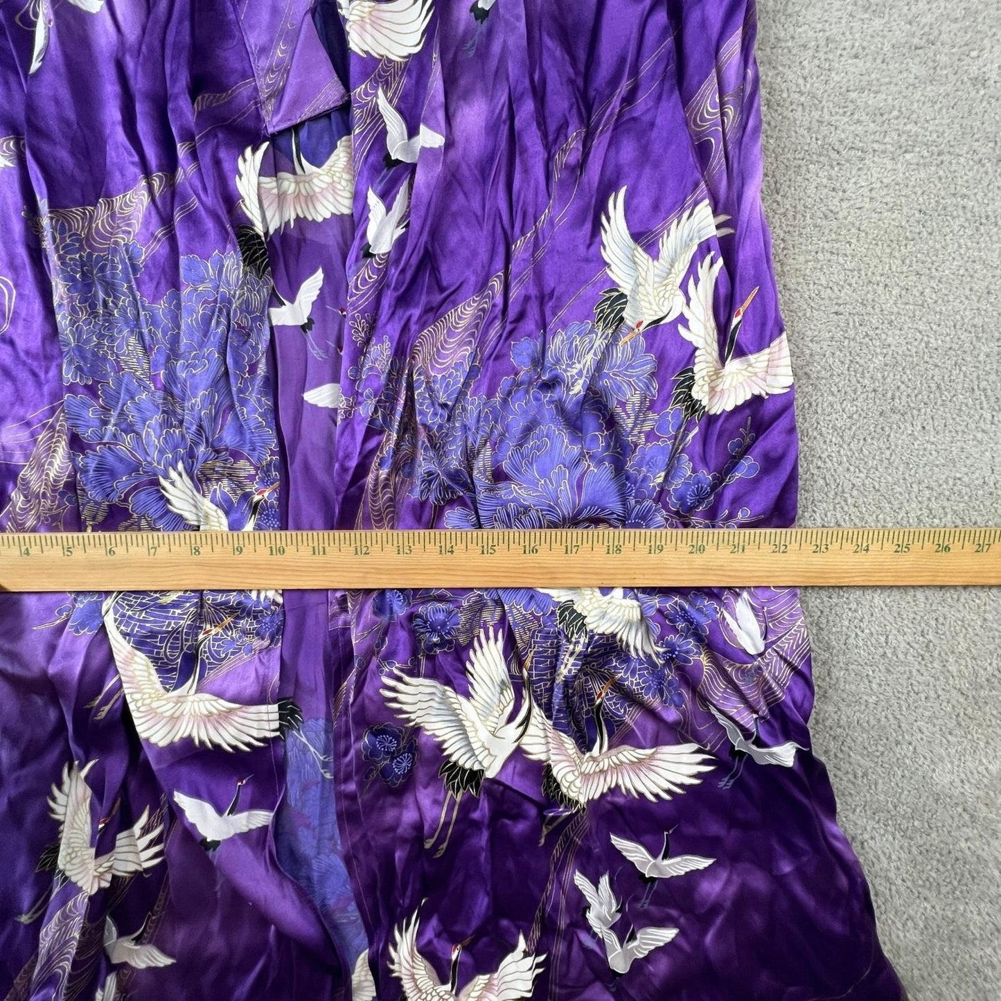 Japanese Silk Kimono Robe Purple Crane Floral Print Made in Japan OS Vintage