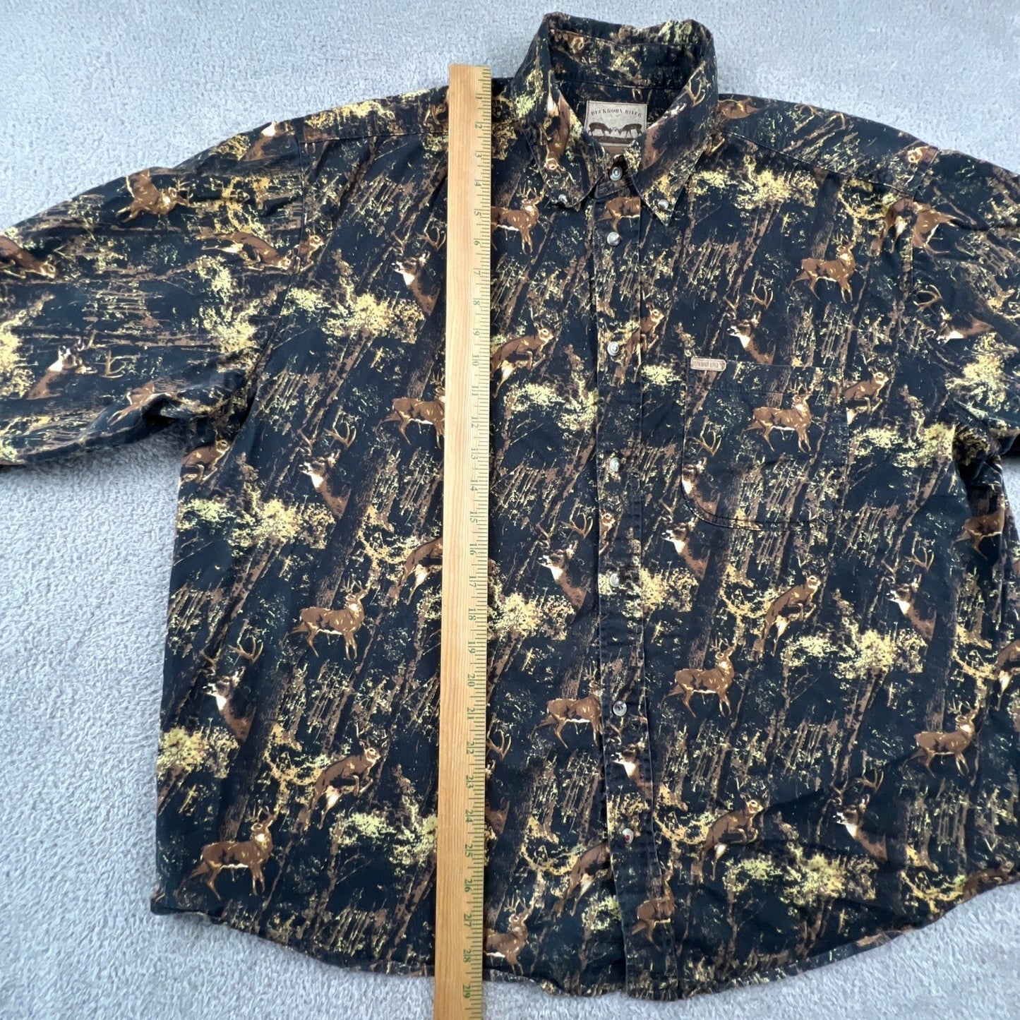 Mens XXL Deer Forest Print Cotton Button Down Shirt Hunting Brown Buckhorn River
