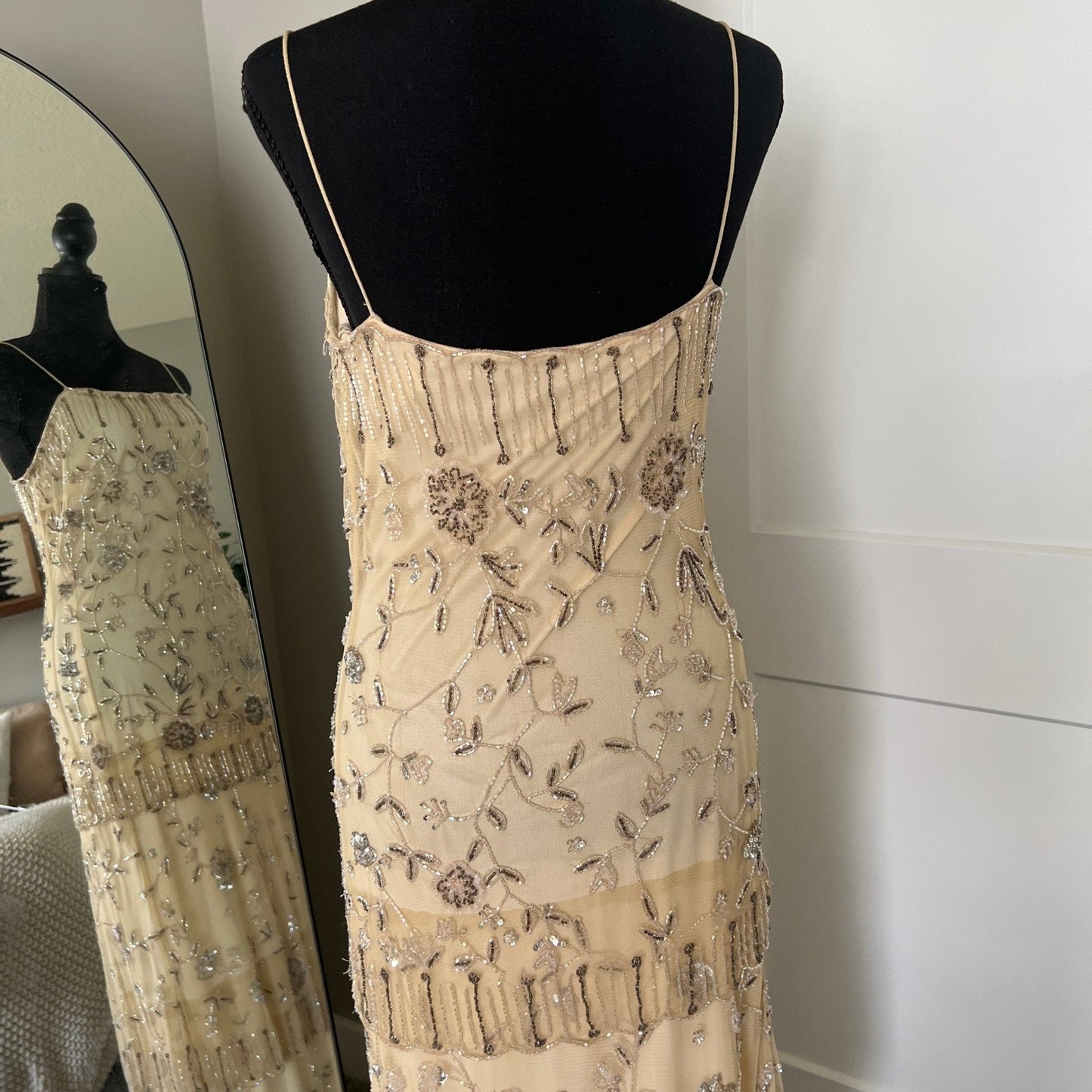 Vintage Style Beaded Dress Small Champagne Sequin Flapper Gown Bridal Wedding