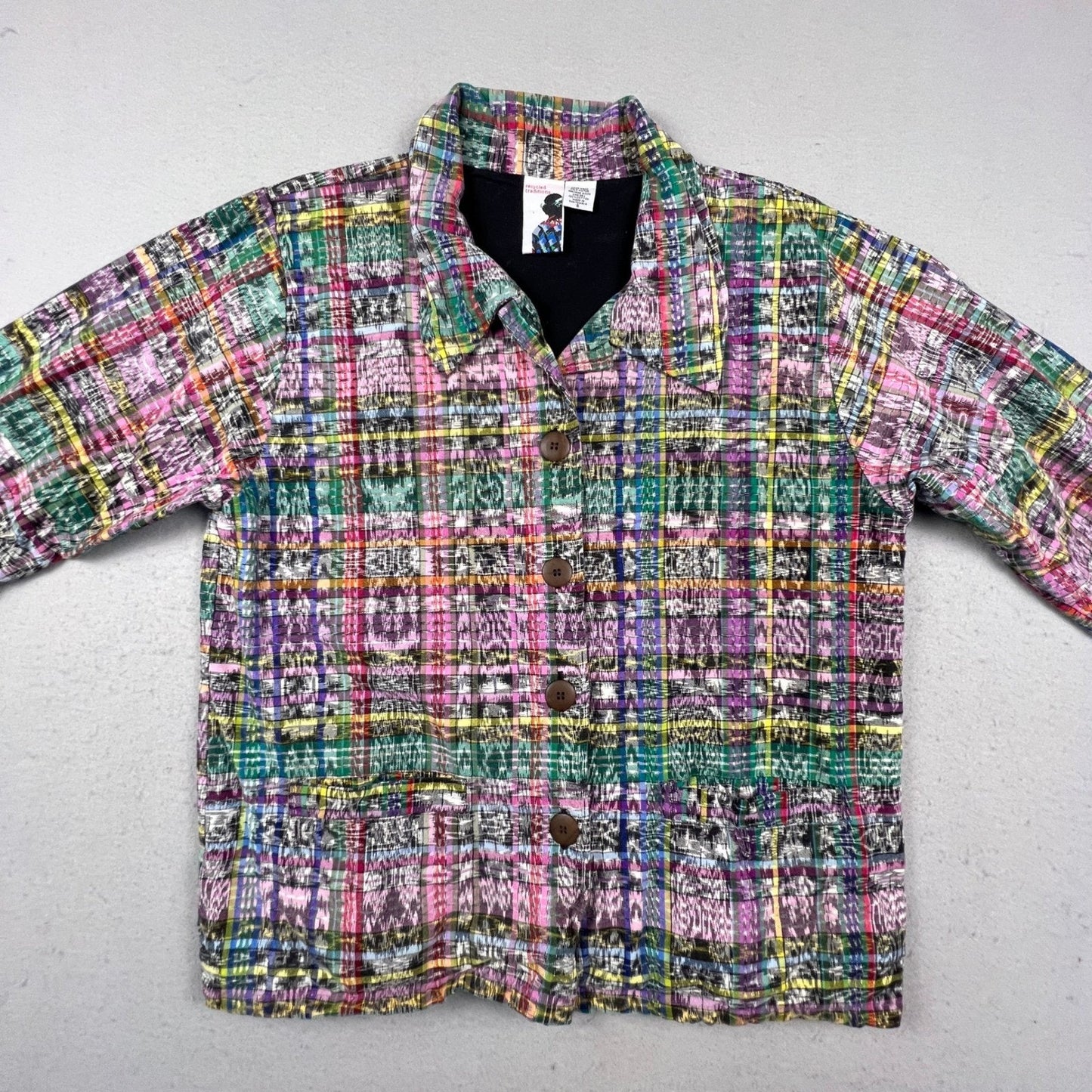 Recycled Traditions Ikat Plaid Jacket Womens S Multi Color Woven Boho Art Wear