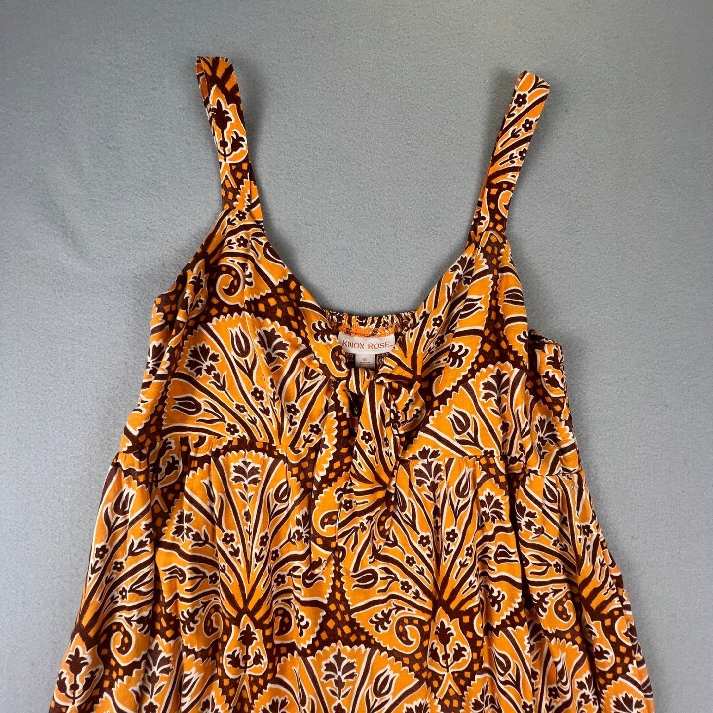 Boho Peasant Summer Midi Dress Womens Medium Orange Paisley Tie Front Knox Rose