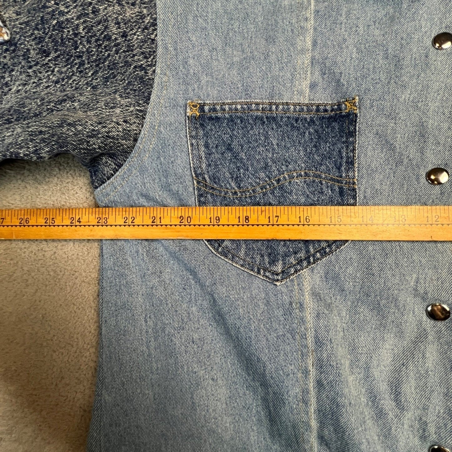 Vintage Denim Patchwork Jacket Women's Large Chore Coat Acid Wash Longline Blue