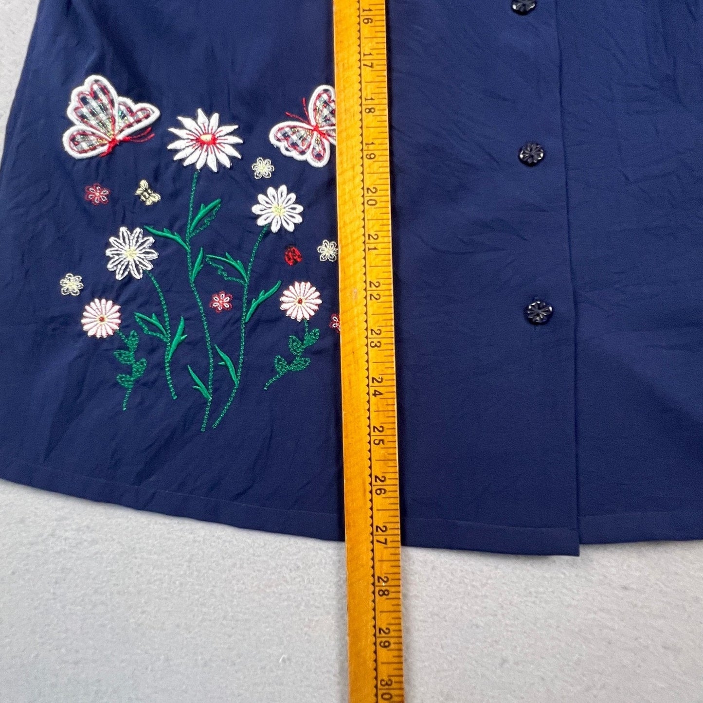 BonWorth Button Up Shirt Womens M Navy Blue Floral Butterfly Gingham Trim Granny