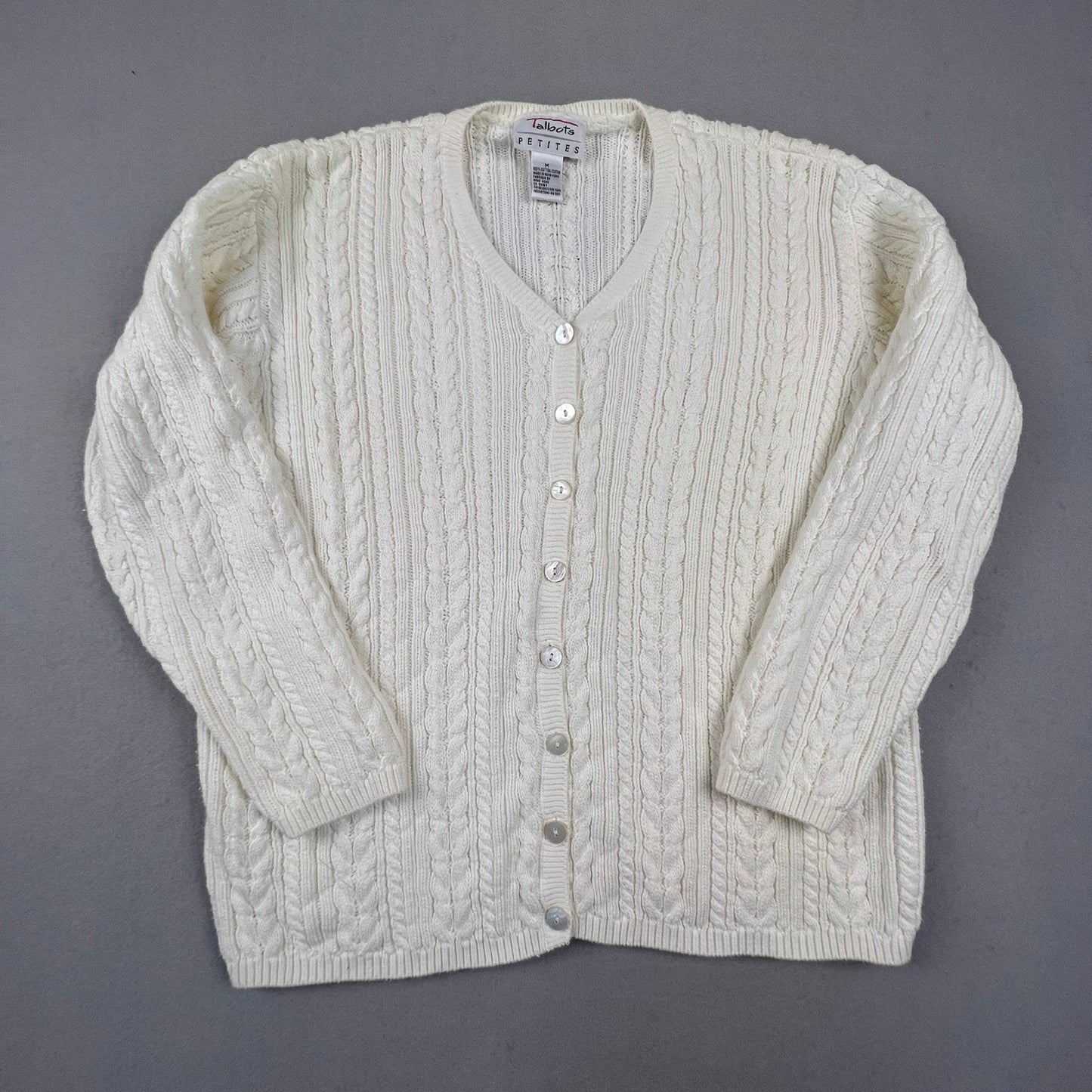 VTG Talbots Cardigan Sweater Womens Medium Petite White Cotton Cable Knit Preppy