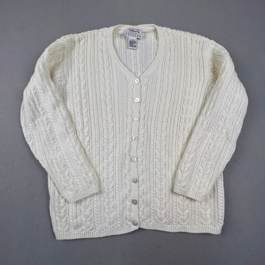 VTG Talbots Cardigan Sweater Womens Medium Petite White Cotton Cable Knit Preppy
