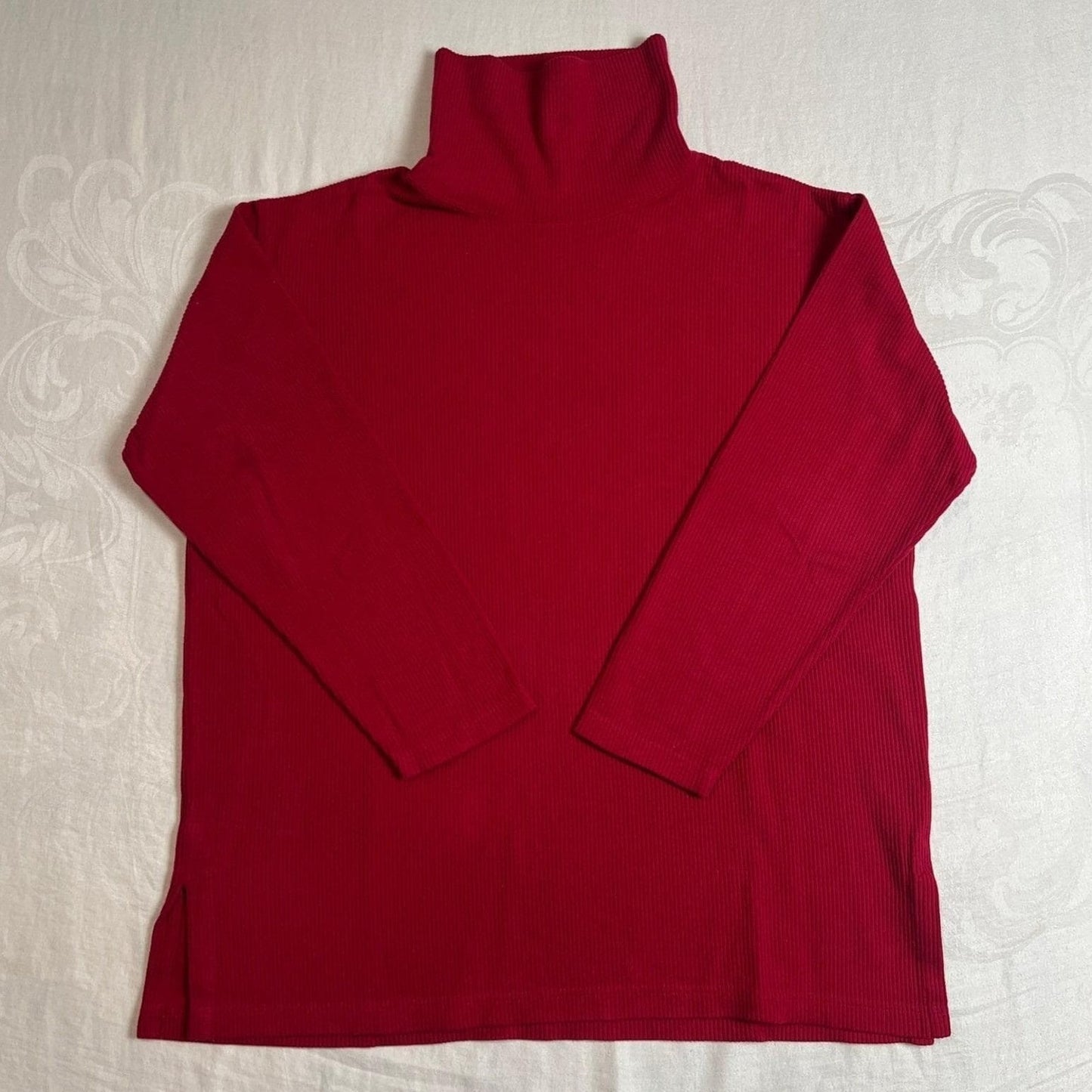 100% Cotton Turtleneck Sweater Large Red Ribbed Long Sleeve Jones New York