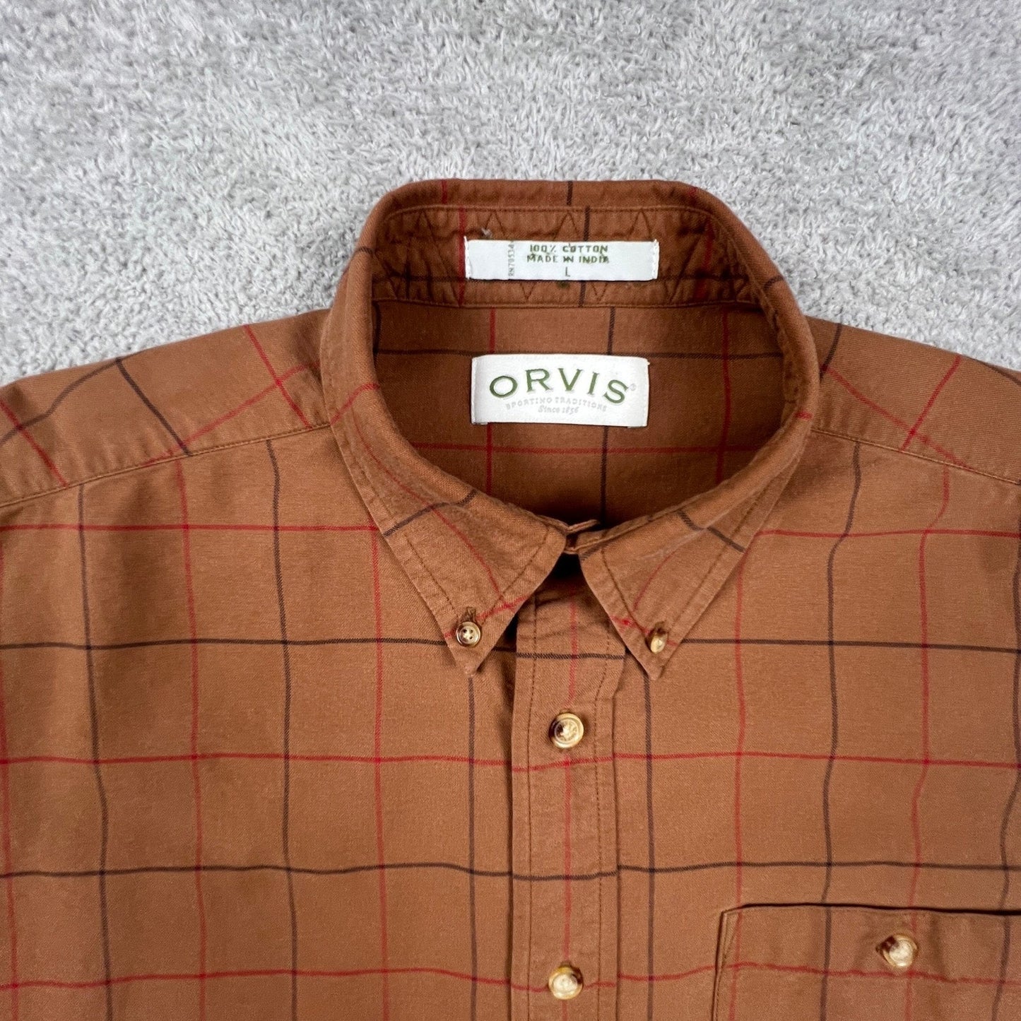 Orvis Button Down Shirt Mens L Brown Windowpane Plaid Cotton Outdoor Casual VTG