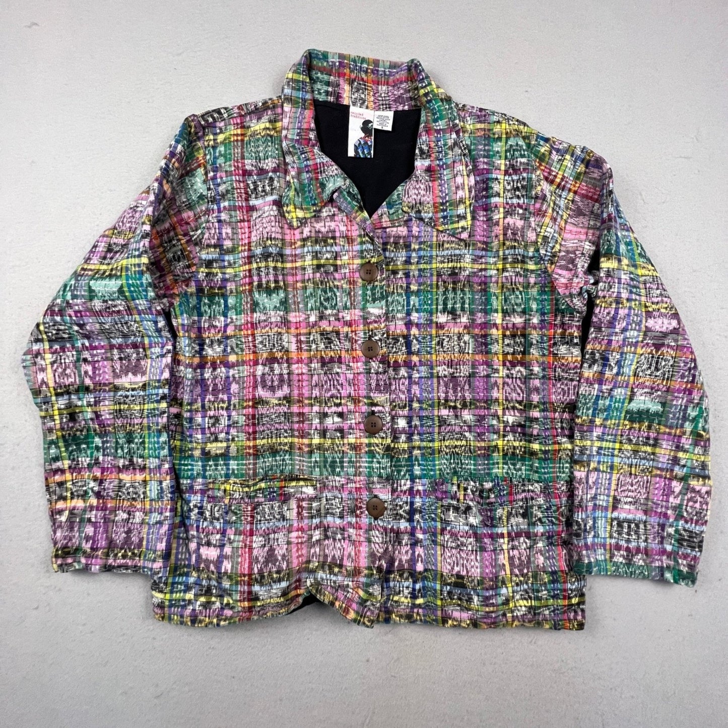 Recycled Traditions Ikat Plaid Jacket Womens S Multi Color Woven Boho Art Wear