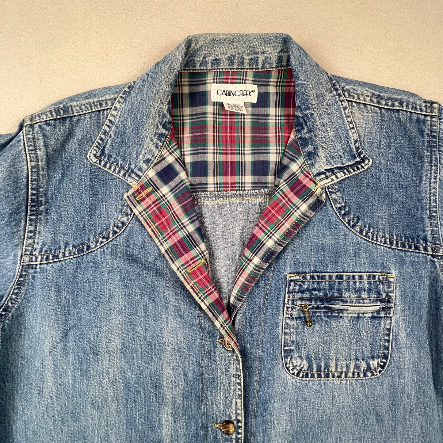 VTG Style Cabin Creek Denim Chore Jacket Womens XL Blue Plaid Lined Barn Coat