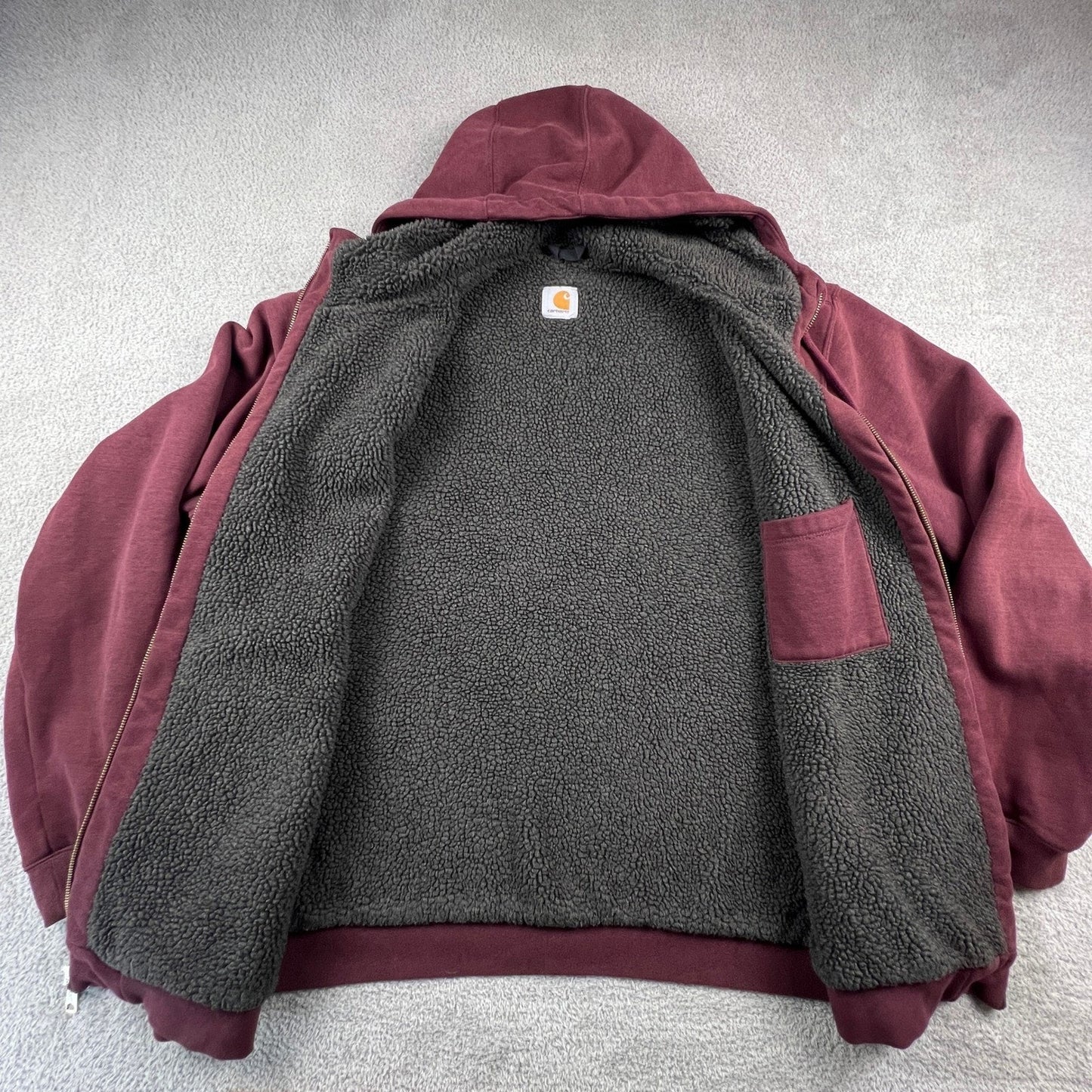Carhartt Sherpa Lined Hoodie Mens 2XL Tall Burgundy Full Zip Workwear Sweatshirt