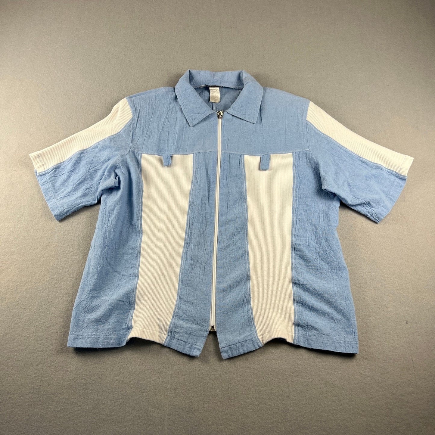 VTG Highlights Zip Up Shirt Womens Large Blue White Ribbed Panel Shoulder Pads