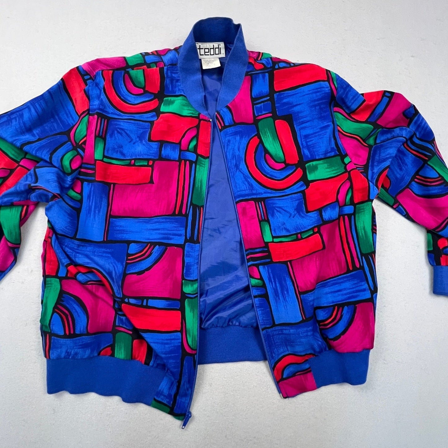 VTG Retro 90s Teddi Bomber Jacket Womens Large Blue Abstract Geometric Zip Up