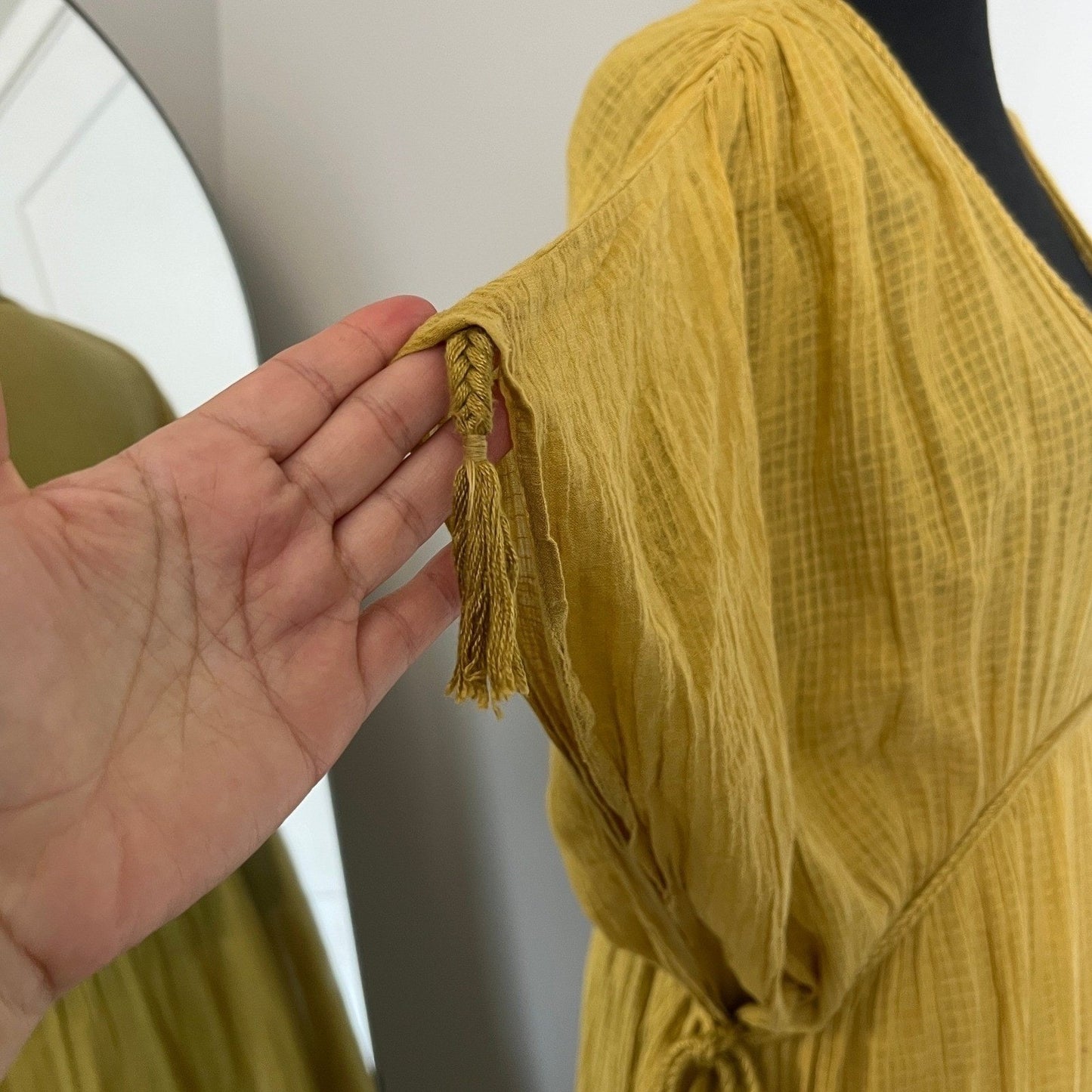 Zara Maxi Dress Womens M Yellow V-Neck Textured Tassel Boho Beach Kaftan