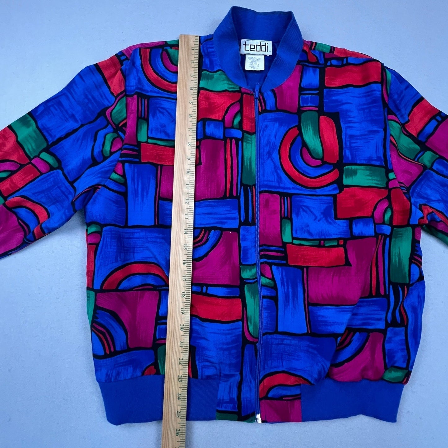 VTG Retro 90s Teddi Bomber Jacket Womens Large Blue Abstract Geometric Zip Up