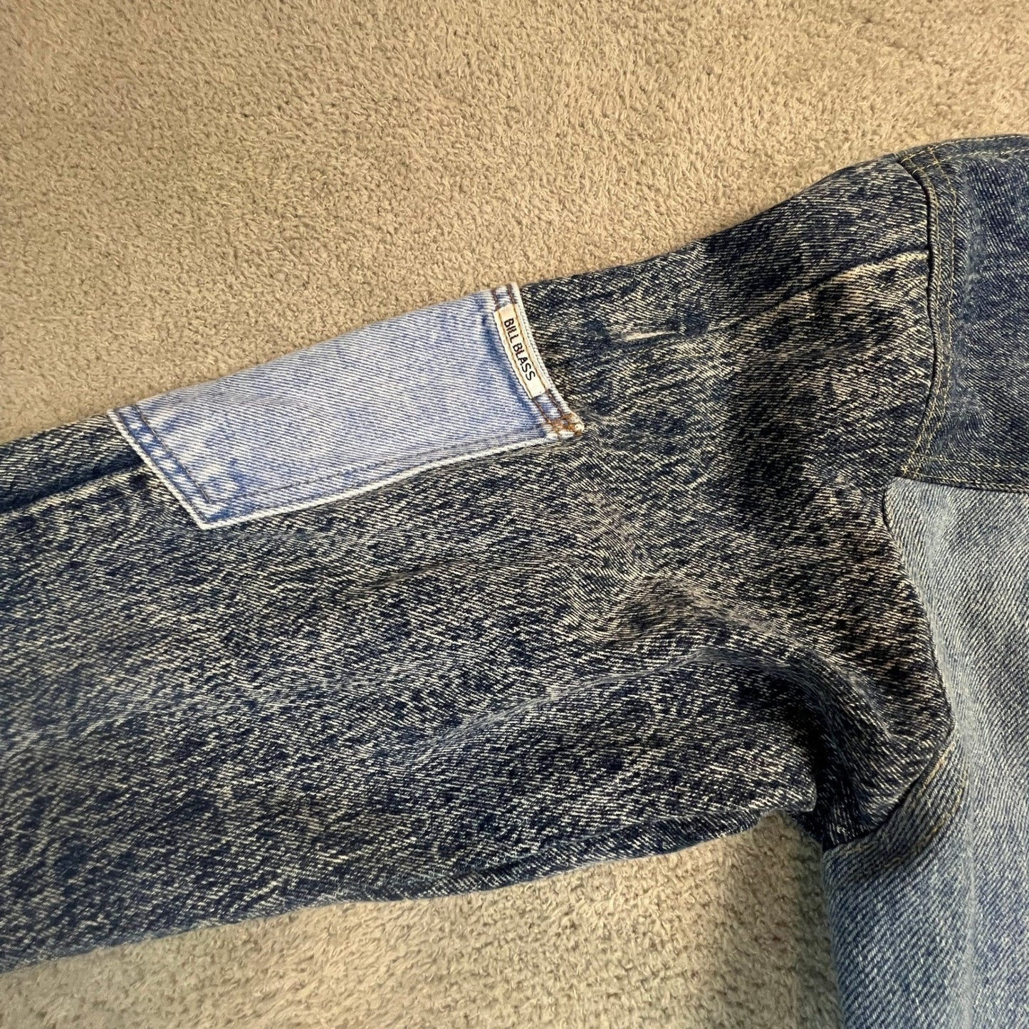 Vintage Denim Patchwork Jacket Women's Large Chore Coat Acid Wash Longline Blue