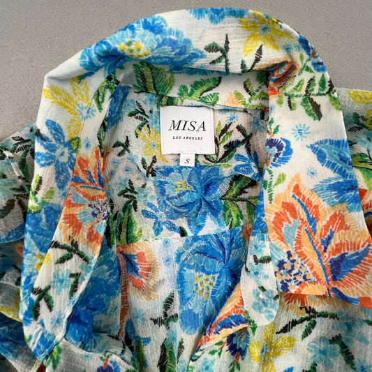 MISA Los Angeles Maxi Dress Womens S Blue Orange Floral Tiered Smocked Boho Luxe