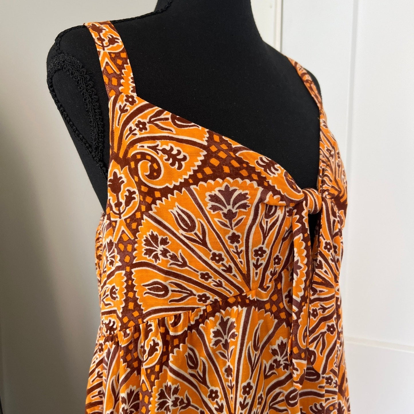 Boho Peasant Summer Midi Dress Womens Medium Orange Paisley Tie Front Knox Rose