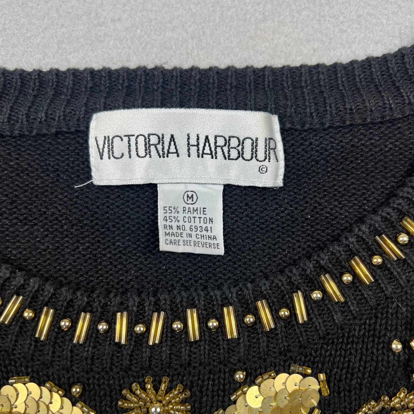VTG 90s Victoria Harbour Sweater Women M Black Gold Sequin Beaded Party Glam