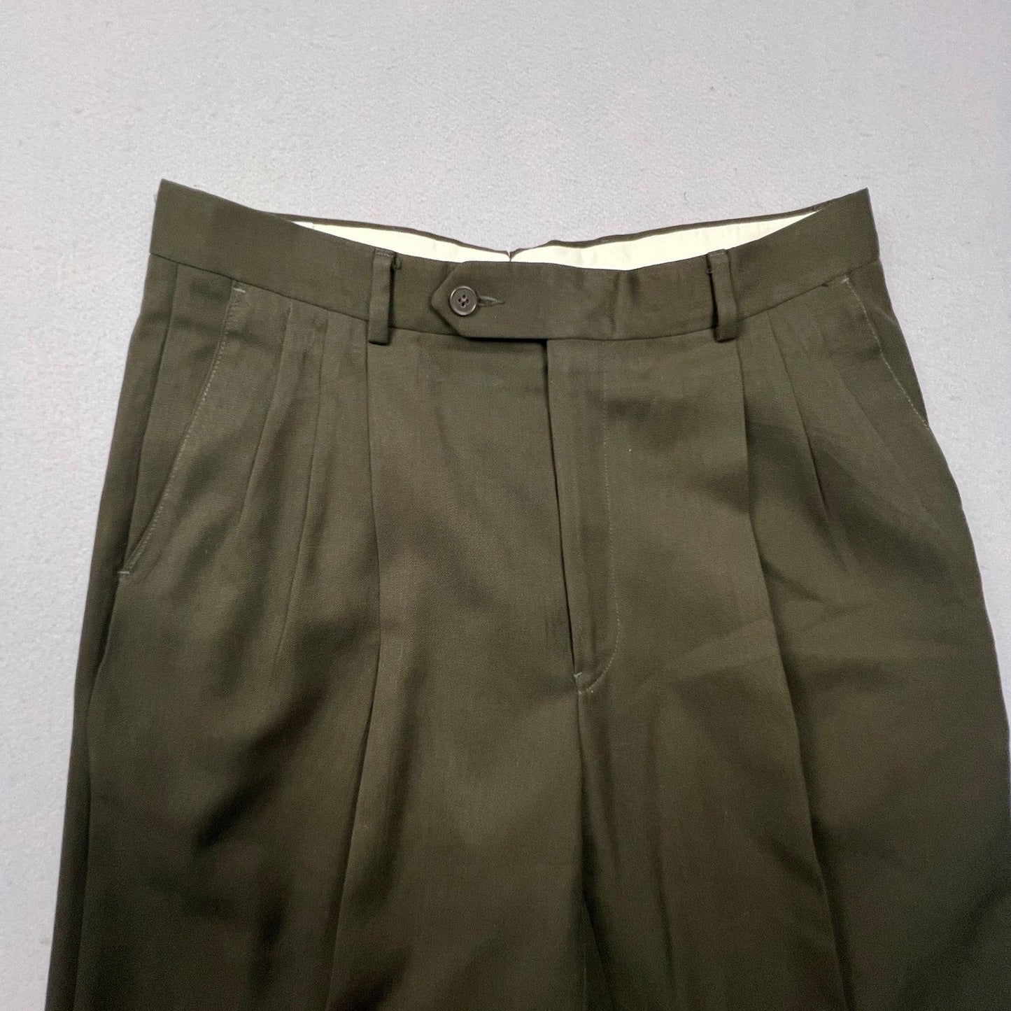 Monsieur by Givenchy Dress Pants Mens 33 Olive Green Pleated Cuffed Vintage Luxe