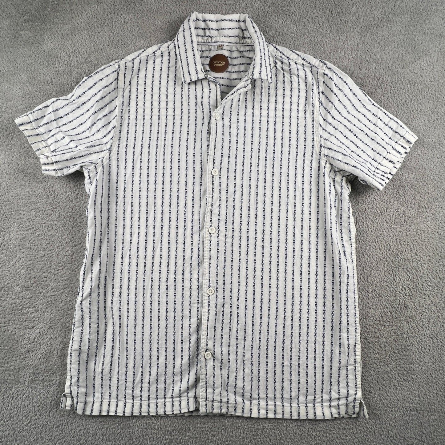 Linen Button Up Shirt Mens Medium White Blue Striped Cotton Blend Summer