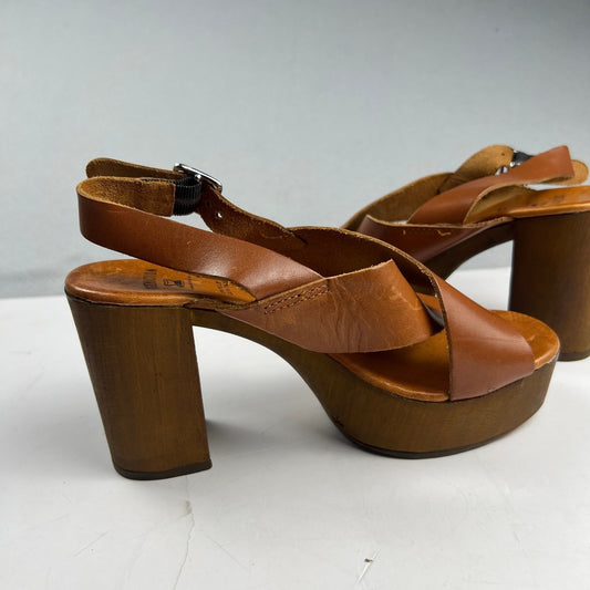 Brown Leather Wood Block Heel Boho Retro Platform Sandals Made in Italy Size 7