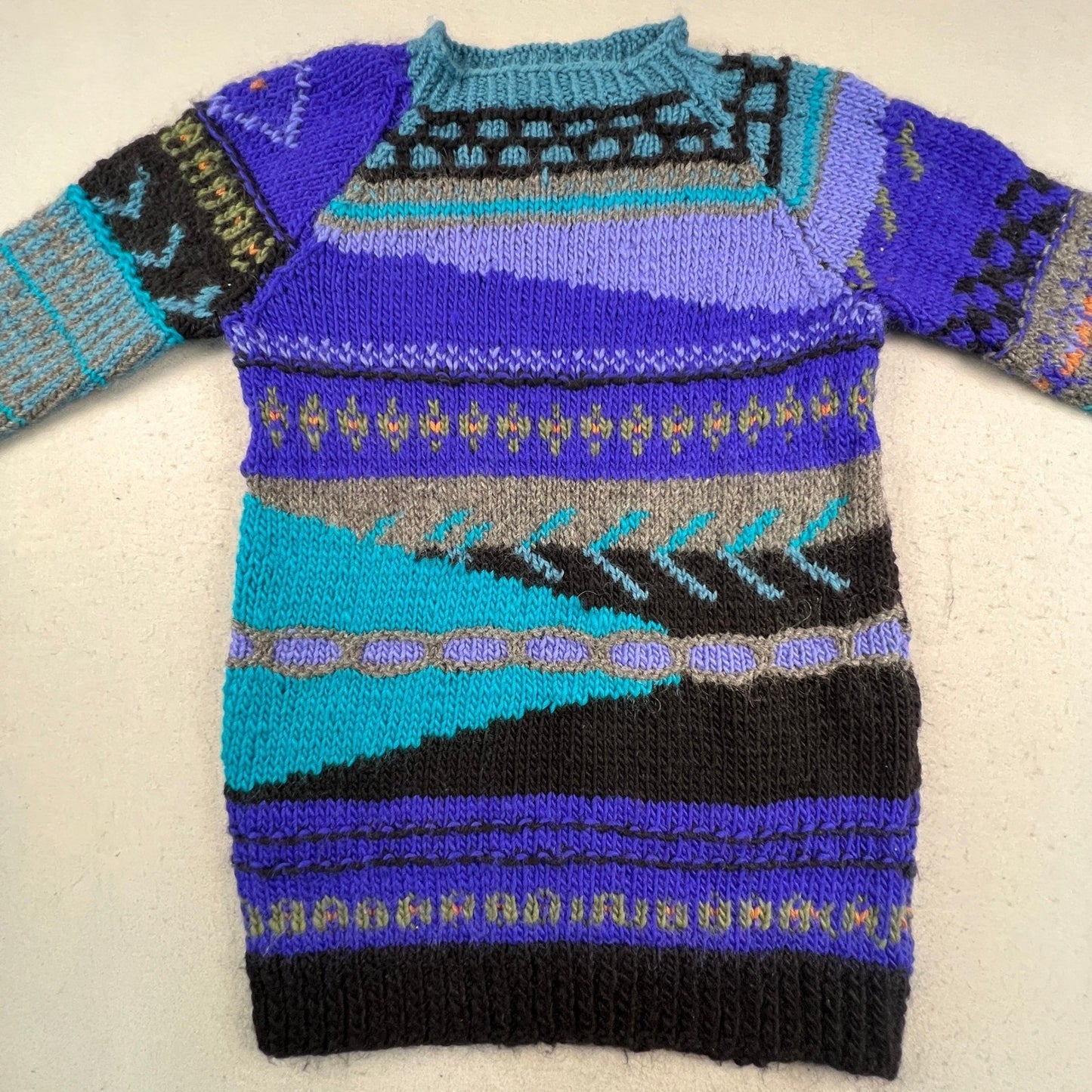 Hand Knit Sweater Dress Womens M Purple Turquoise Abstract Fair Isle Boho 3D VTG