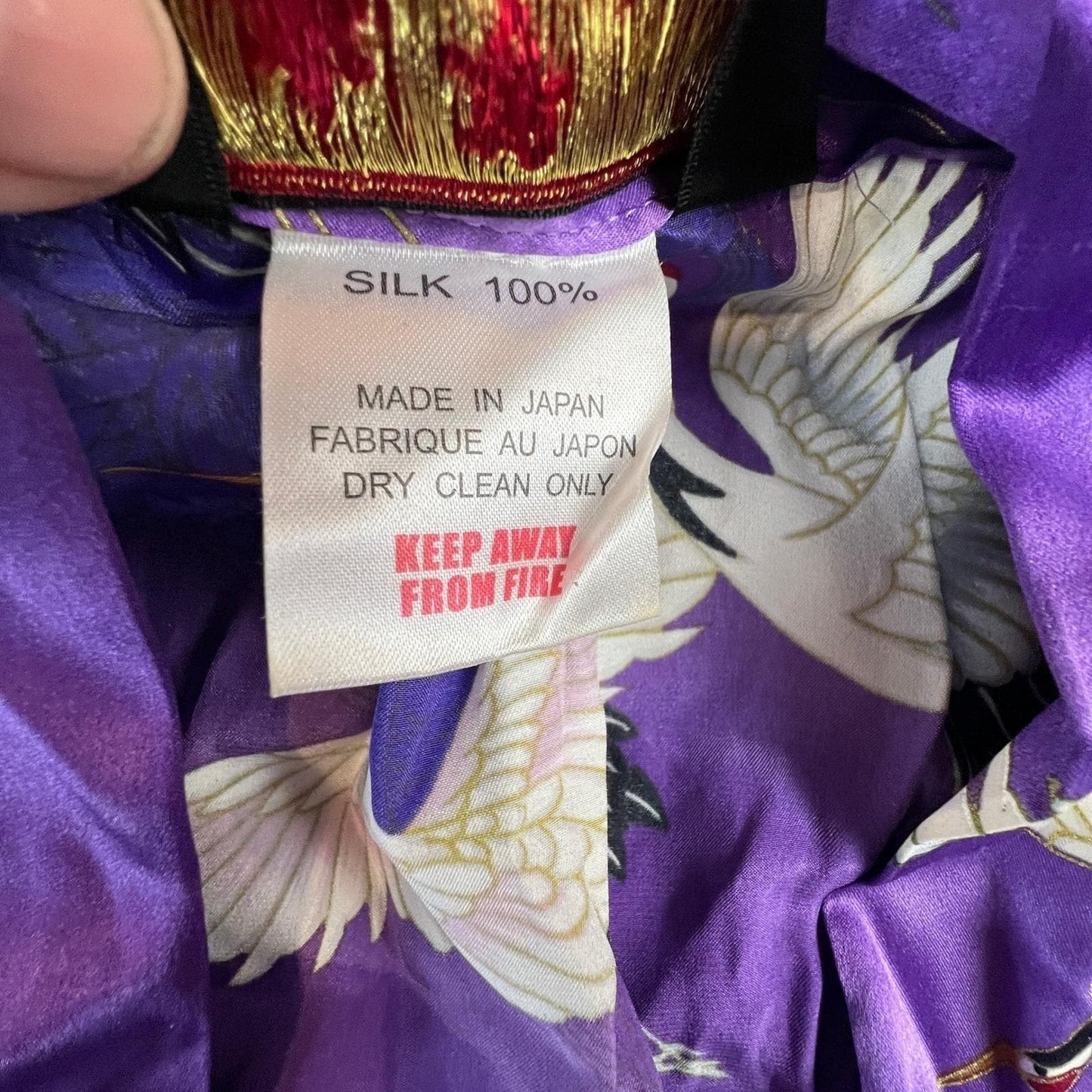 Japanese Silk Kimono Robe Purple Crane Floral Print Made in Japan OS Vintage