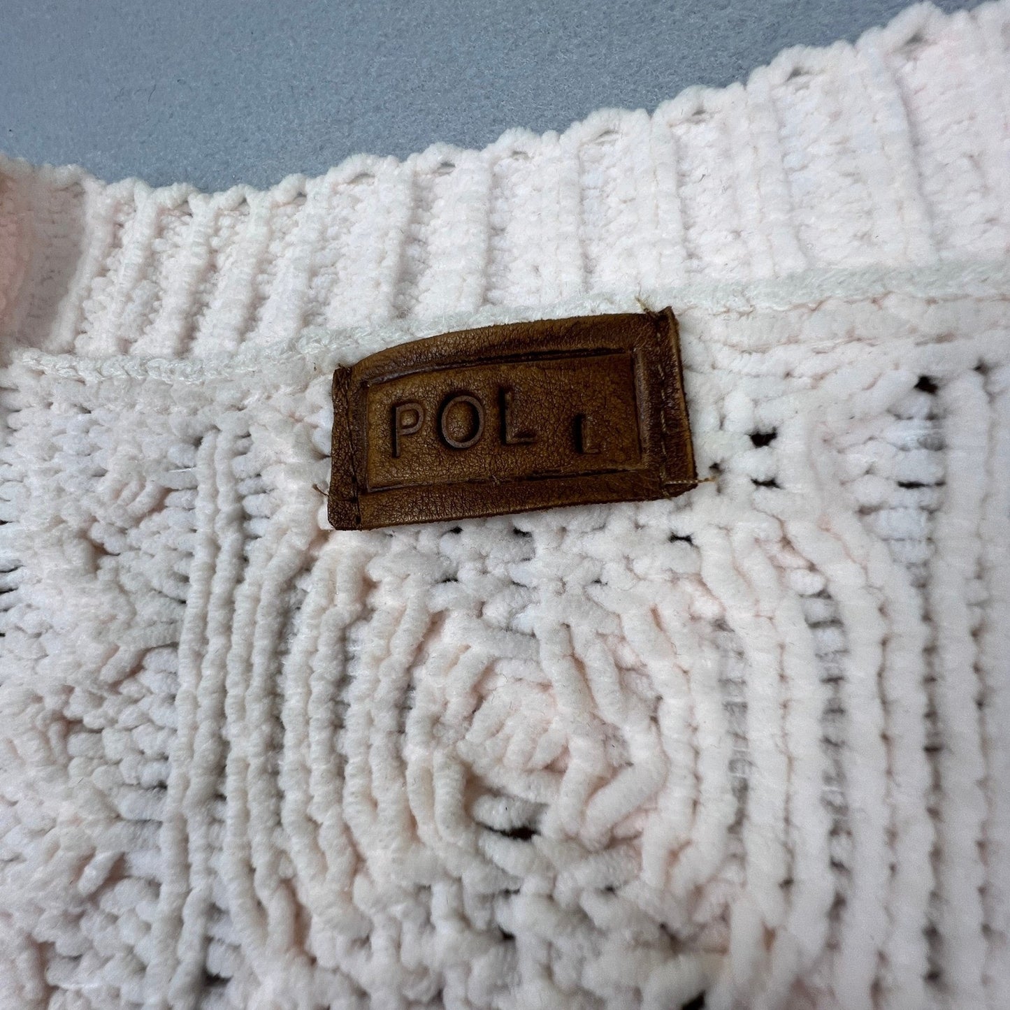 POL Cardigan Sweater Women Medium Cream Chenille Cable Knit Pom Pom Coquette