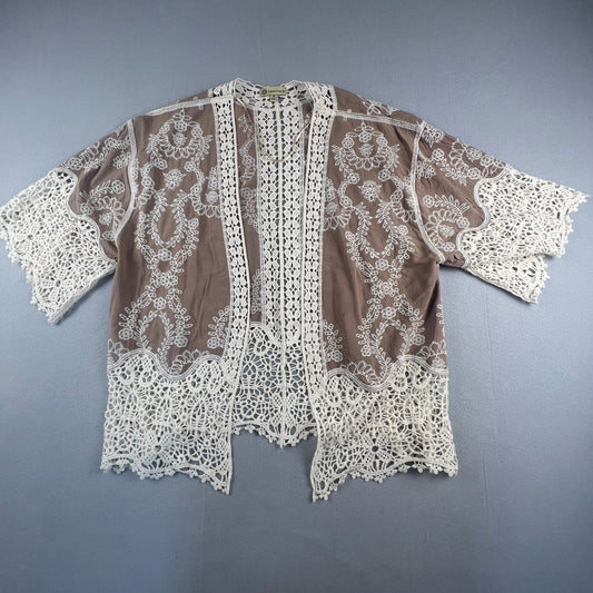 Crochet Lace Kimono Cardigan Womens M Brown Embroidered Boho Sheer Layer