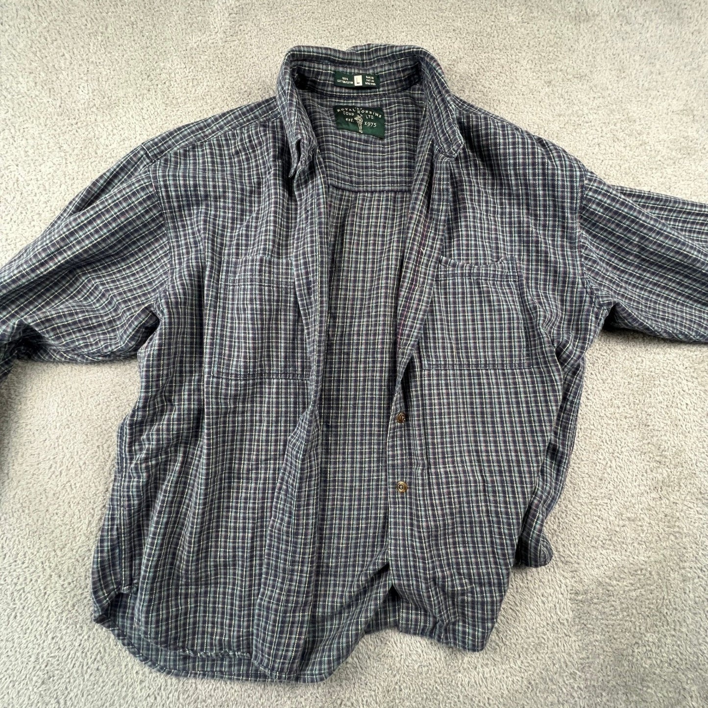 Royal Robbins Plaid Button Down Mens Large Blue Long Sleeve Cotton Flannel Shirt
