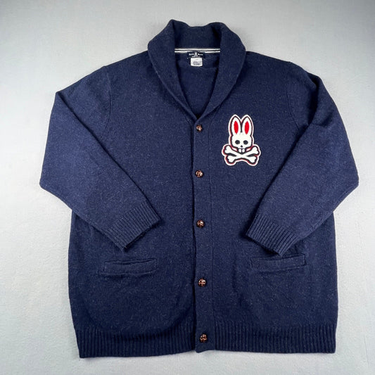 Psycho Bunny Cardigan Sweater Mens 2XL Navy Blue Wool Logo Shawl Preppy Academia