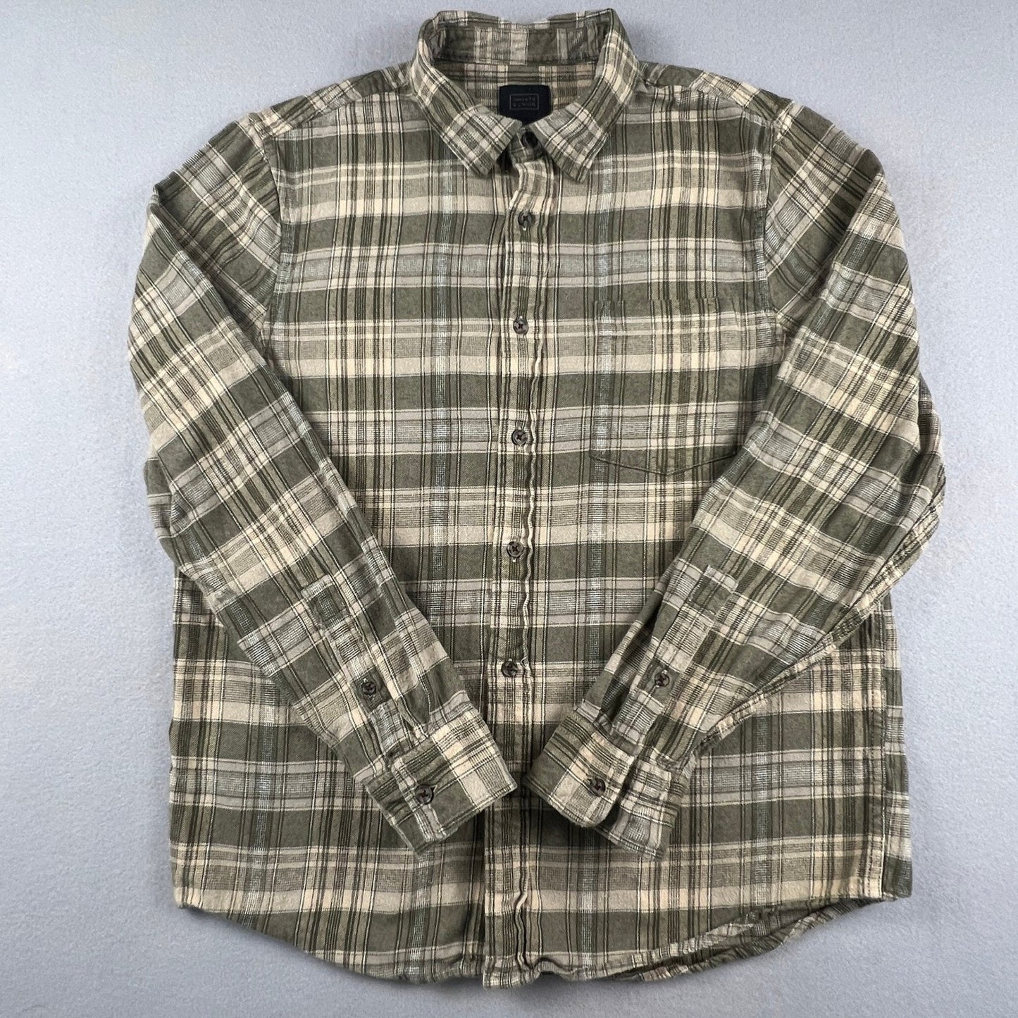 14th & Union Plaid Button Down Mens Size Medium Olive Green Cotton Flannel Style