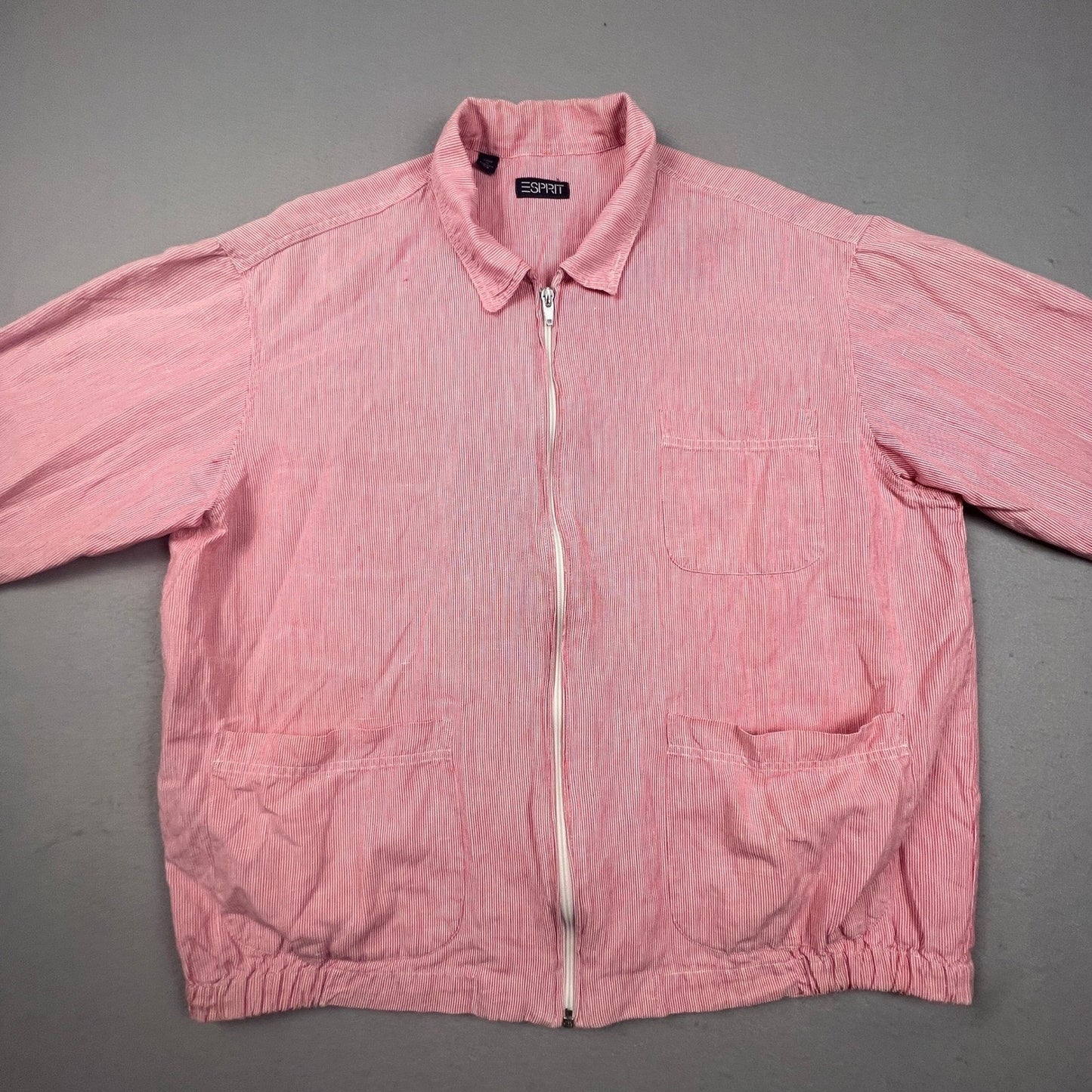 VTG 90s Esprit Jacket Womens Red Pinstripe Cotton Linen Zip Up Bomber Coat