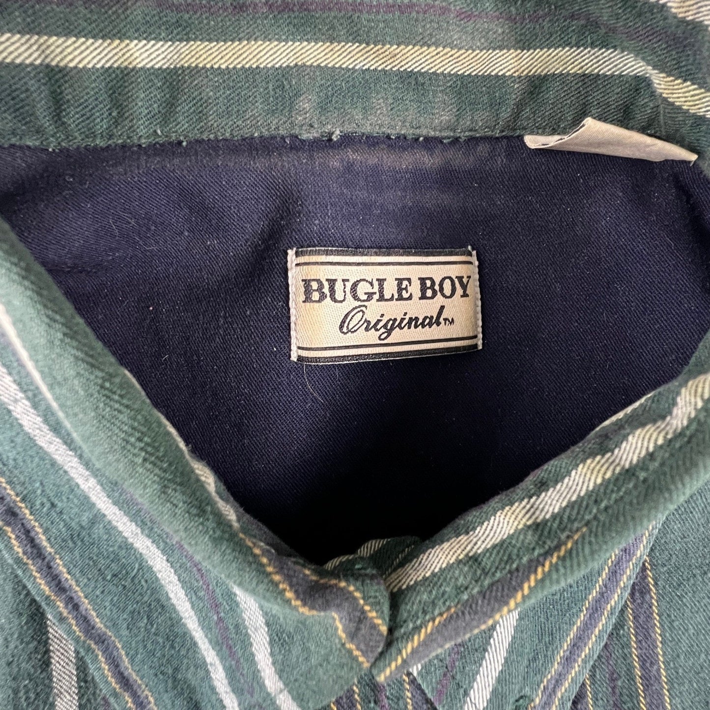 VTG Bugle Boy Button Down Shirt Mens Medium Green Striped Cotton Long Sleeve