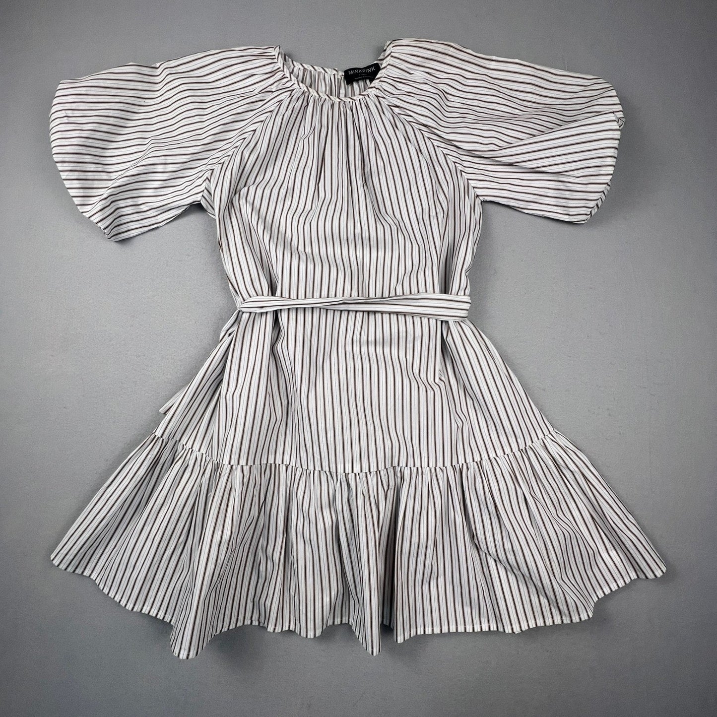 Minkpink Mini Dress Womens XS White Brown Striped Puff Sleeve Tiered Boho Summer