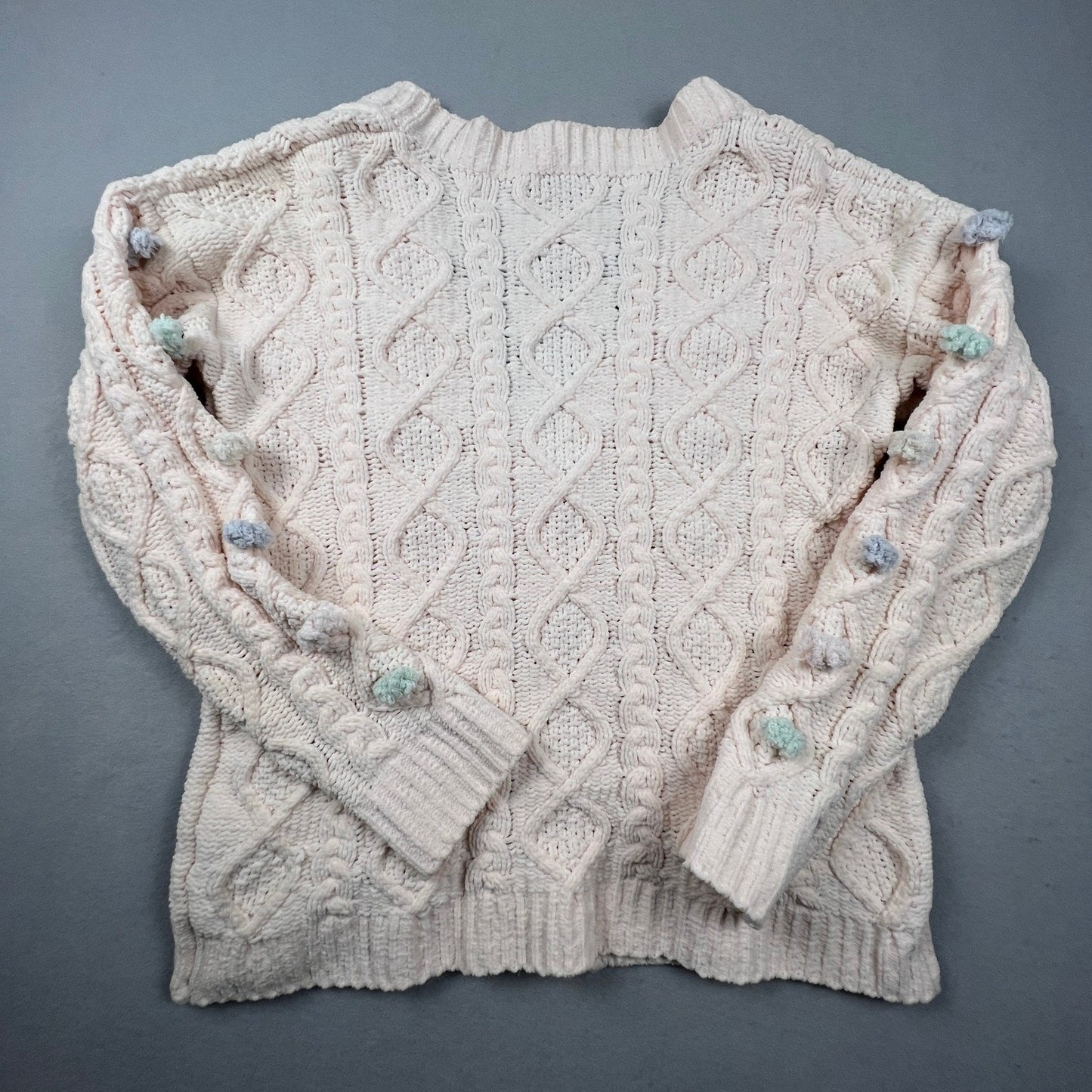 POL Cardigan Sweater Women Medium Cream Chenille Cable Knit Pom Pom Coquette
